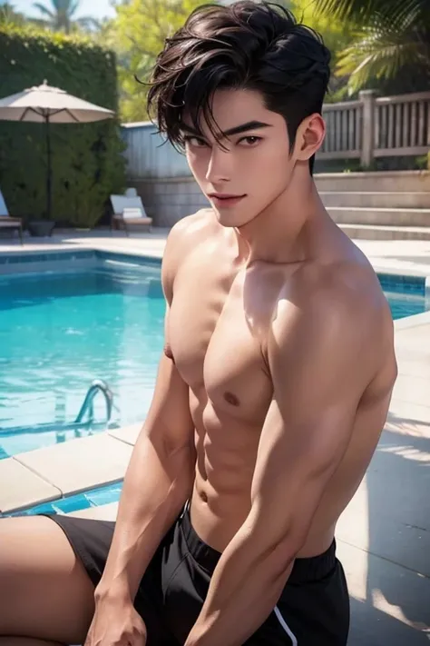 ((High quality)), ((masterpiece)), ((highly detailed)), perfect face, realistic, ((man)), ((Asian)), full body, young, 20 years old, black hair, comma hair cut style, ((handsome)), detailed eyes, beautiful detailed nose, realistic body, realistic light, co...