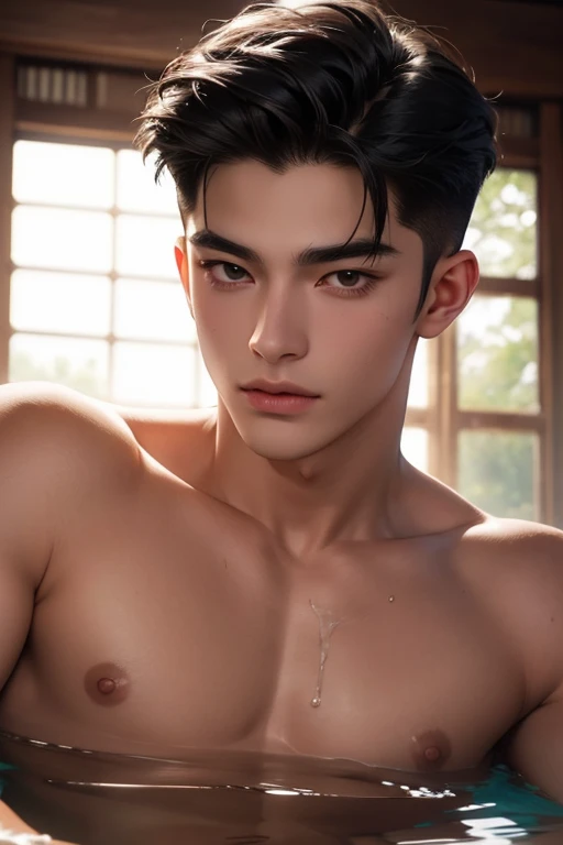 ((High quality)), ((masterpiece)), ((highly detailed)), perfect face, realistic, ((man)), ((Asian)), full body, young, 20 years old, black hair, comma hair cut style, ((handsome)), detailed eyes, beautiful detailed nose, realistic body, realistic light, co...