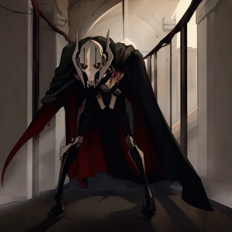 general grievous, black cape, terrifying, tall, shadows, shading, slender, horrifying pose, dark alley, bloody, dark, looking at...