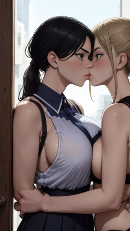 Two teenage girls，angry look、glare at each other２people&#39;s women，equivalent height，black hair ponytail，Facing each other and staring，hug each other，The two bodies are close to each other，kiss、Picture of two people、Holding hands and facing each other、Pho...