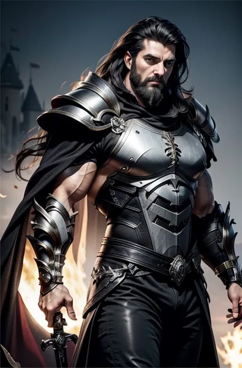 realistic rendering,  male king, white male, jet black hair, long messy hair, strong eyebrow, sharp eyes, beared, full facial hair, strong expression, killer, wearing armor and cape, giant shoulder, giant muscle, lots muscle, holding sword, black hourse be...