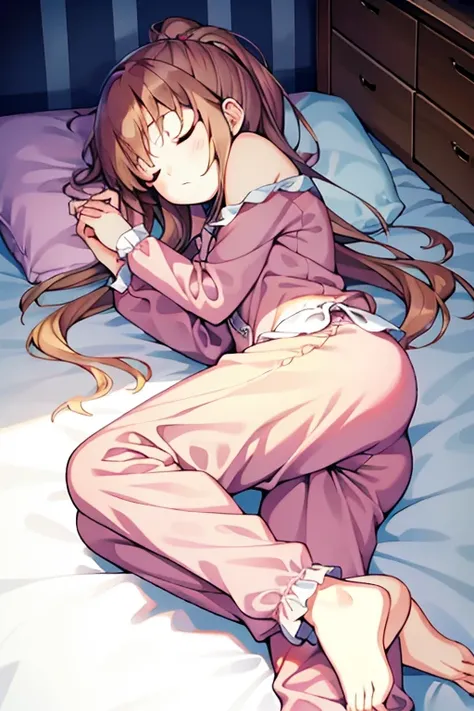 sleeping girl, 22 years ago, realistic, she is wearing long pants, she is wearing pink pajama, brown hair.