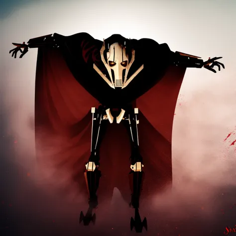 general grievous, black cape, terrifying, tall, shadows, shading, slender, horrifying pose, dark alley, bloody, dark, looking at...