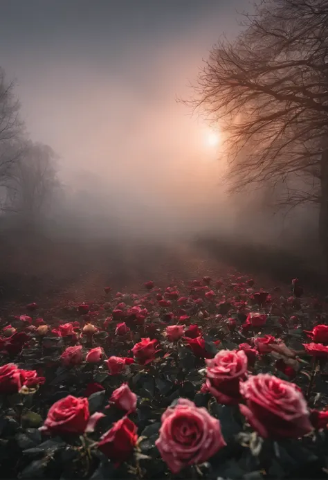 The ground is covered with frozen roses，The sun is shining and there is fog，Very detailed