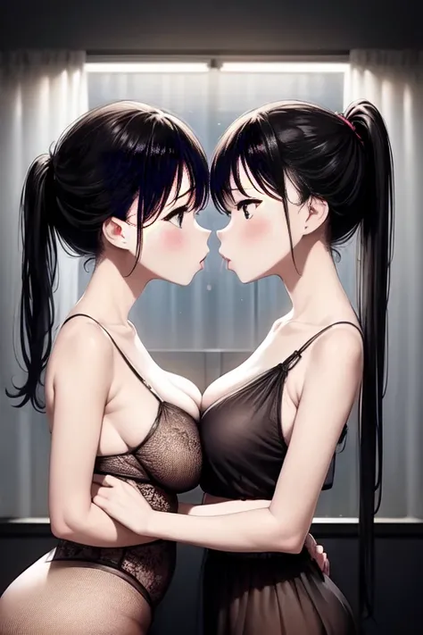 Two teenage girls，angry look，equivalent height，In the classroom，black hair ponytail，Facing each other and staring，hug each other，The two bodies are close to each other，kiss、Picture of two people、Holding hands and facing each other、Photograph of two people ...