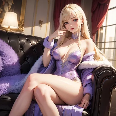 masterpiece, best quality, 1 girl, skinny body, pastel color, blonde hair, extra long hair, curvy hair, (perfect face), purple eyes, (perfect face), detailed eyes, deep purple long turtleneck dress, glitter dress, lace cape, gems, pearls embroidery, elegan...