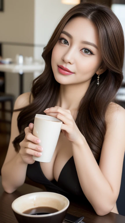 ((Angelina Sole)),((highest quality, 8K, masterpiece : 1.3)), sharp focus : 1.2, beautiful woman with perfect figure : 1.4, slim abs : 1.2, ((long dark brown hair : 1.3)), (Natural light,inside the cafe : 1.1), Highly detailed face and skin texture, fine e...