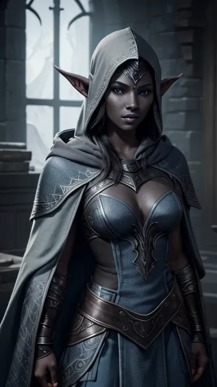 Skyrim, 1 woman, Brelyna Maryon/(Skyrim/), Dunmer in Skyrim, (((grey-blue skin color))), (((Dark Elf))), mystic, student of the College of Winterhold, her hands glow with magical energy, wearing gray hooded apprentice robe, Dunmer woman/(Skyrim/), black ha...