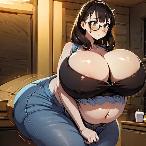 Amazing woman, long brown hair, wearing glasses, laying in my bed, squishing her belly head tilted back, eyes closed tight, shouting orgasm, enormous breasts, wide hips, huge ass, white bra, huge inflated bloated diaper getting bigger and bigger and bigger