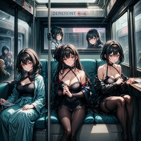 NSFW, (Three women fill the screen:1.6), masterpiece, high quality, high contrast, high definition, high resolution, realistic animation style, (three sexy beautiful working women, They are glaring at each other with a different face:1.2), feeling uncomfor...