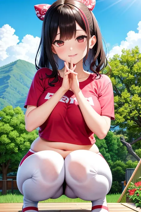 Super detailed，masterpiece，best quality，harf，View，blush blush，Yazawa Nico,red eyes, Blunt hair, 1 female、White clothes、The belly is visible，White bun hairstyle， black hair color hair、chubby、Smile、pale pink lips、Spring water，hot spring，Soaked all over，oestr...