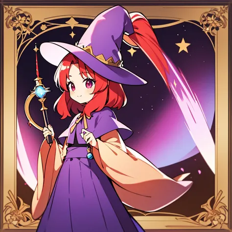 masterpiece, best quality, a cartoon image of a girl with red hair holding a wand and a witch hat, 1girl, solo, little girl, child, 10 years old, hat, purple hat, witch hat, hat ribbon, short red hair, (short hair), forehead visible bangs, hair flaps, well...