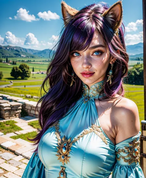 masterpiece, Best Quality, Illustration, Ultra-detailed, finely detail, high resolution, 8K Wallpaper, Perfect dynamic composition, beautiful woman with cat ears, big light blue detailed, intricate, realistic eyes, big red lips, freckles, realistic detaile...