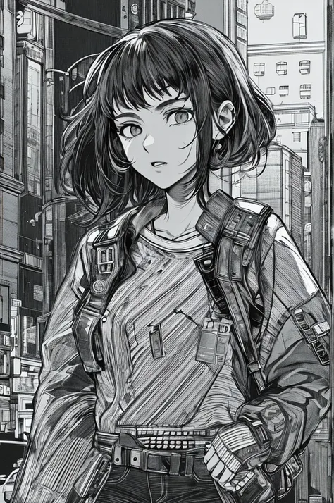 masterpiece, best quality, 1 girl, , hands in pockets, bag, black hair, black eyes,  cyberpunk, street,  monochrome, line art