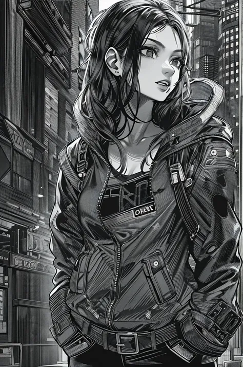 masterpiece, best quality, 1 girl, , hands in pockets, bag, black hair, black eyes,  cyberpunk, street,  monochrome, line art