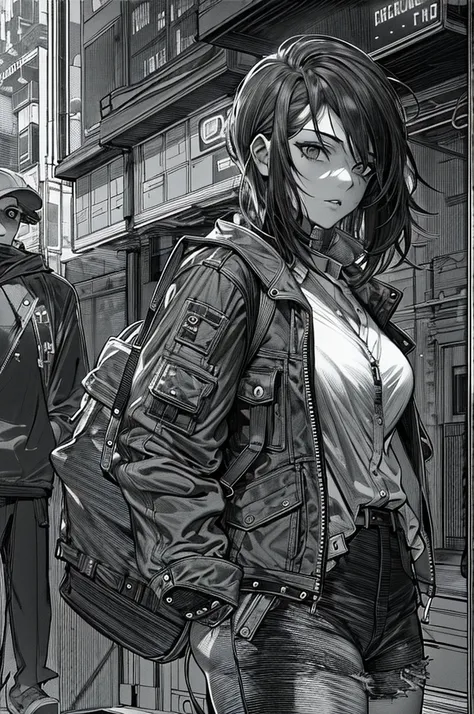 masterpiece, best quality, 1 girl, , hands in pockets, bag, black hair, black eyes,  cyberpunk, street,  monochrome, line art