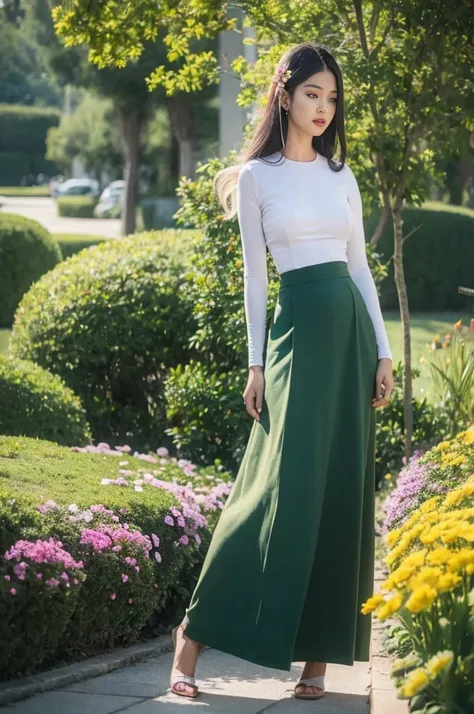 a woman in a white top and green skirt standing in a garden, dressed in long fluent skirt, long skirt, white shirt and green skirt, ao dai, dressed with long fluent clothes, mai anh tran, wearing an elegant outfit, skinny waist and thick hips, full body cu...