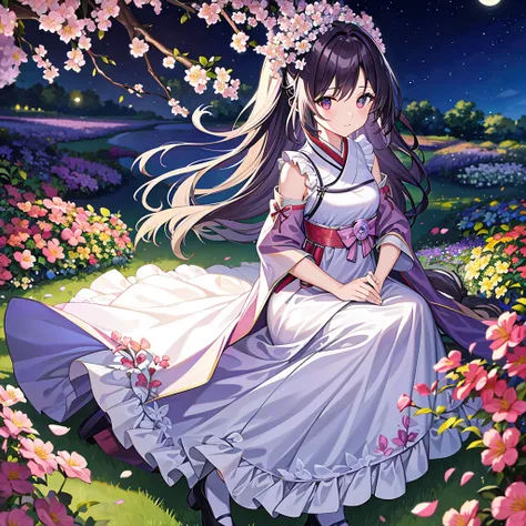 highest quality, expensive_solve, clear_image, detailed background ,girl, hanbok,flower,garden,moon, night,