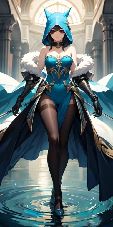 ((best quality)), ((masterpiece)), (detailed),full body anime picture of a masked dancer , hooded , sleeveless strapless outfit , gown , french gown , mask , pantyhose ,  leotard , herald  , hidden eyes , blades , lector , water , blue and white clothing ,...