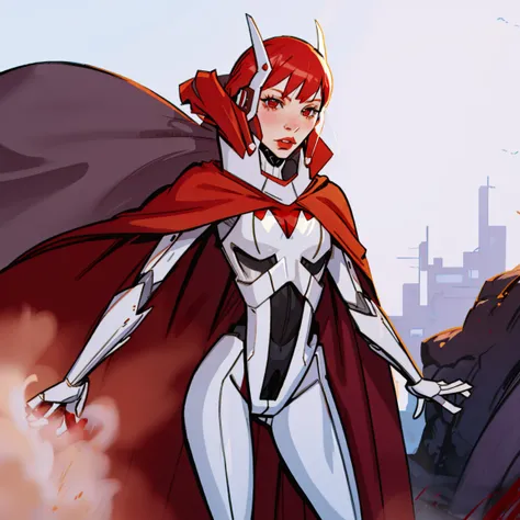 jenny wakerman, blood red cape, white backgroumd, standing, white metal, white, blood red cape, red cape, jenny(xj9), blue hair