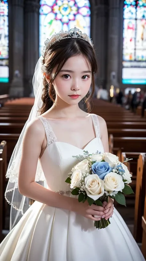 masterpiece，best quality，Beautiful vintage colors，An innocent and cute little girl，15 years old，Wedding dress，in church，Alone，Hand holding bouquet of blue roses，crystal crown，Light shines through the glass，blur background