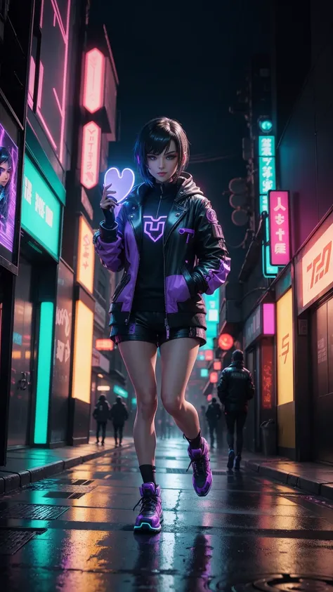 A portrait in a cyberpunk city, neon tokyo, landscape with a young beautiful mature female Lady Moonlight with short and black hair, silver eyes, Caucasian traits, wearing a black and purple cybernetic full body peacoat with shorts and shoes, Hyper-Vigilan...