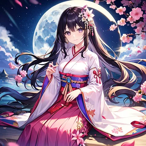 highest quality, expensive_solve, clear_image, detailed background ,girl, hanbok,flower,garden,moon, night, fantasy