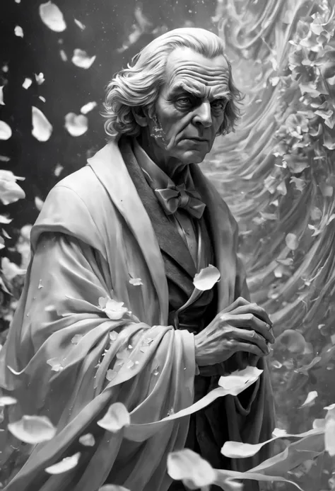 close-up, Ebenezer Scrooge, ghost of the past, ghost of the present and ghost of the future. In a surreal monochrome world, a mysterious figure wearing a porcelain mask stands among a swirling storm of broken mirrors and floating petals., hyper-detailed, s...