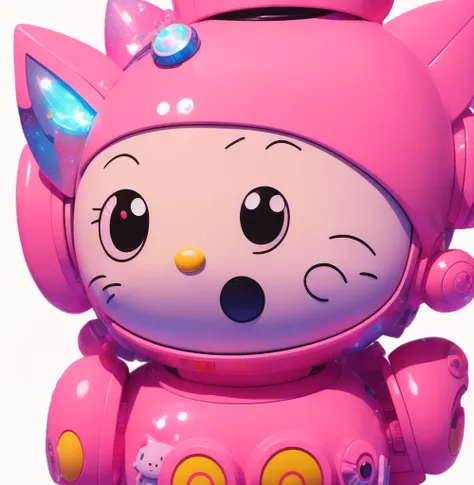 Close-up of Hello Kitty figure in pink costume, Beeple and Jeremiah Ketner, Cute HQ rendering, Beeple and James Jean, detailed cosmic angelic robot, pink iconic character, inspired by Takashi Murakami, Beeple&#39;s Style Hybrid Mix, style of takashi muraka...