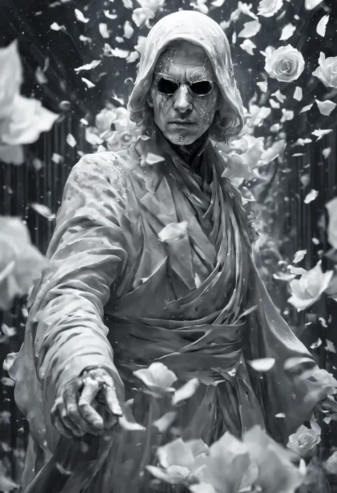 close-up, Ebenezer Scrooge, ghost of the past, ghost of the present and ghost of the future. In a surreal monochrome world, a mysterious figure wearing a porcelain mask stands among a swirling storm of broken mirrors and floating petals., hyper-detailed, s...