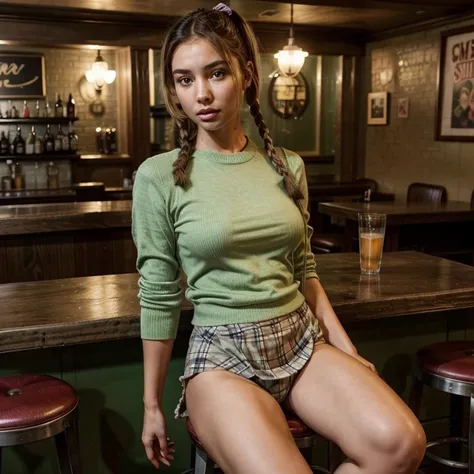 - a woman sitting on a stool in a bar, tumblr, photorealism, , wearing a kilt, beautiful!, perdita weeks!,::  ,:: madison beer, streaming, Green pull-over pigtail, photorealistic - h 6 4 0, 🎀 🧟 🍓 🧚, see, live2d, looks like laura barriales, —ar 16:9, sam na...