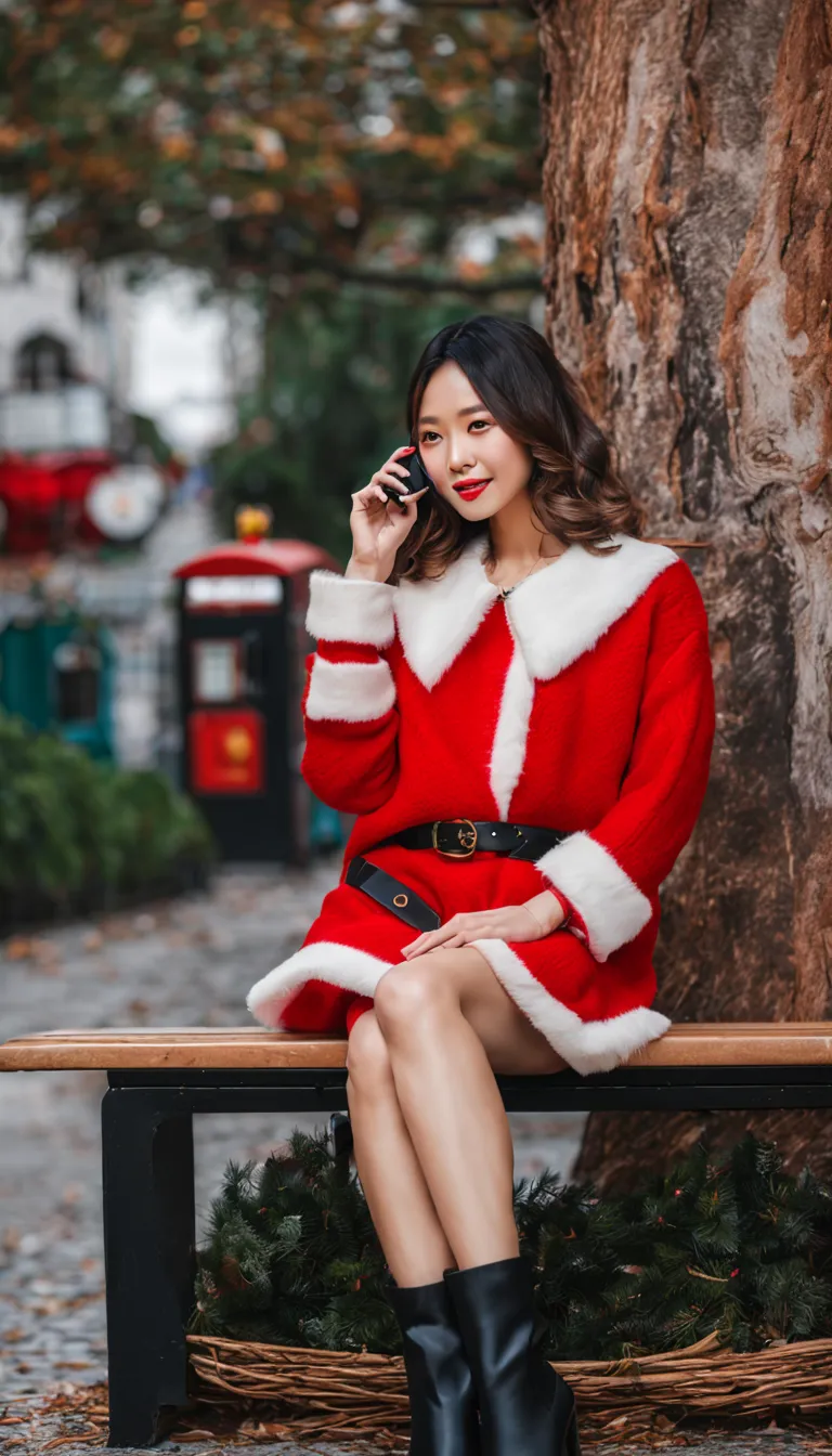 a beautiful woman sitting on a red bench，wearing a red and white sweater，black skirt，black boots，旁边有泰迪熊和santa, christmas tree an...