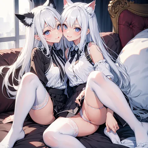 White silk knee socks，Cat ear，white hair，Two beautiful girls loli tongue kiss