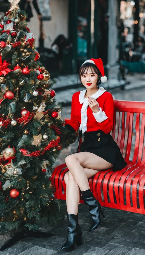 a beautiful woman sitting on a red bench，wearing a red and white sweater，black skirt，black boots，旁边有泰迪熊和santa, christmas tree an...