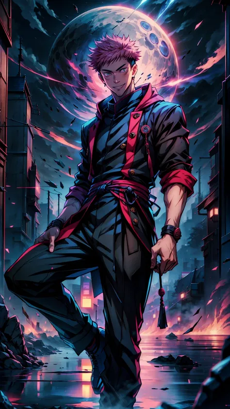 1boy, full body shot, 173 cm,perfect hand and fingers, itadori yuuji, black outfit, pink hair, look at sky, smile, red and dark ...