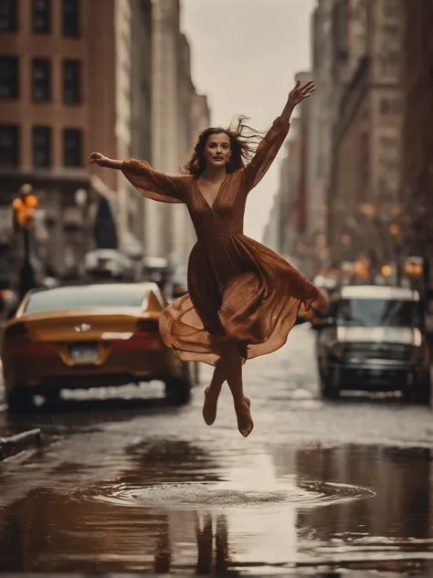 vintage photo of a model jumping over a puddle in NY, long flowing dress