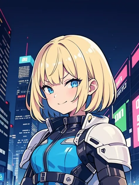 1 girl, masterpiece, short hair, blonde, blue eyes, Severe, mechanical suit, white suit, portrait, Cyberpunk night city background,mesugaki