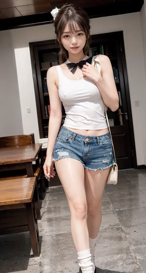 (((look away,ponytail、look away,stand on one leg、Smile))),(((((Boss上衣、Paisla、sleeveless、Boss、shoulder bags、sock、espadrilles、Distressed denim hot pants))))),((in library、read a book))、on the table, 1 girl in, best quality, Ultra-detailed, (shining), (small)...