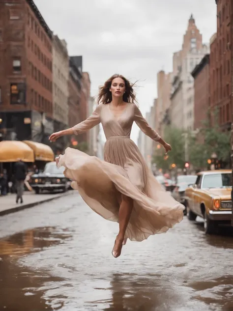 vintage photo of a model jumping over a puddle in NY, long flowing dress