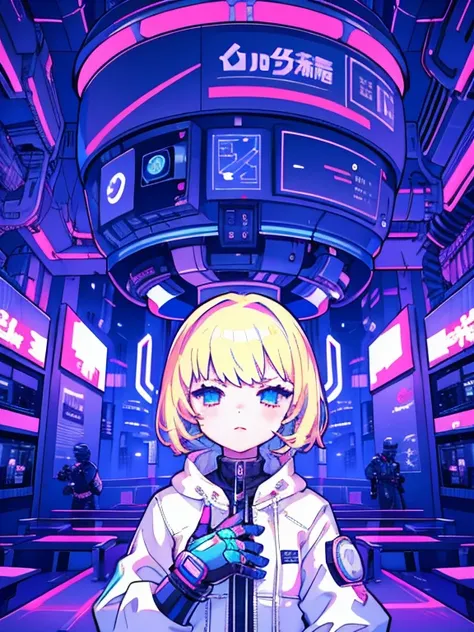 1 girl, masterpiece, short hair, blonde, blue eyes, Severe, mechanical suit, white suit, portrait, Cyberpunk night city background,mesugaki