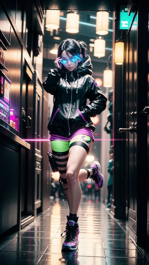 A portrait running along the Mirrors Edge, neon futura landscape with a young beautiful mature female Lady Moonlight with Long and black hair, silver eyes, Caucasian traits, wearing a black and purple cybernetic full body peacoat with shorts and shoes, Vig...