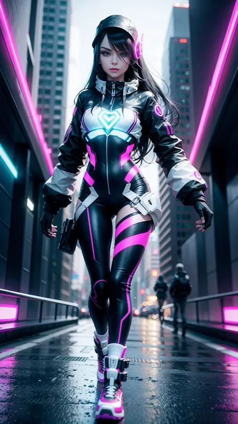 A portrait running along the Mirrors Edge, neon futura landscape with a young beautiful mature female Lady Moonlight with Long and black hair, silver eyes, Caucasian traits, wearing a black and purple cybernetic full body peacoat with shorts and shoes, Vig...