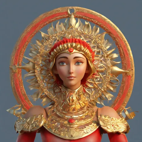 IP character, Slavic sun, Slavic ornament, Slavic runes, Slavic sun god, human figure with sun head, doll figure, hands, legs, Body, Textured, Slavic costume is put on the doll, gold костюм, Slavic face, comes down from the sky, Bright eyes, cherub, red, f...