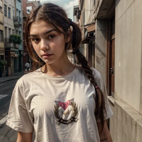  a woman with brown hair in a street ,::  ,:: madison beer, streaming, pigtail, photorealistic - h 6 4 0, 🎀 🧟 🍓 🧚, see, live2d, looks like laura barriales, —ar 16:9, sam nassour, 5 0 s, insanely cute, in tokio, straight eyes brow, a t - shirt with a gucci ...