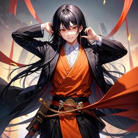 black hair、(tied long hair)、Company Clothing、suit、(male)、Japanese sword、orange eyes、fearless smile