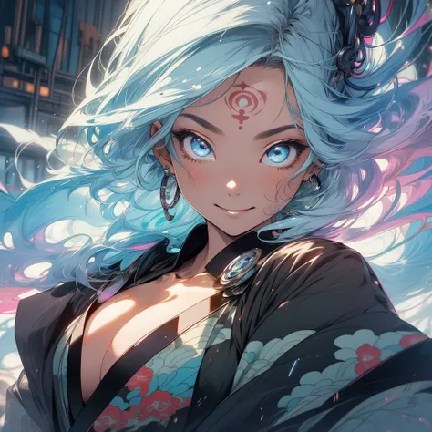 (((highest quality))),(((detailed eyes))),(((32k))),(1 girl),flashyな色の髪,(tattoo),cyber punk,kimono,((Luxurious and gorgeous)),Shiny skin,earrings,flashy,((Super beautiful woman)),(perfect face),Japanese sword,ultimate texture,official art,Ukiyo-e,stylish,p...