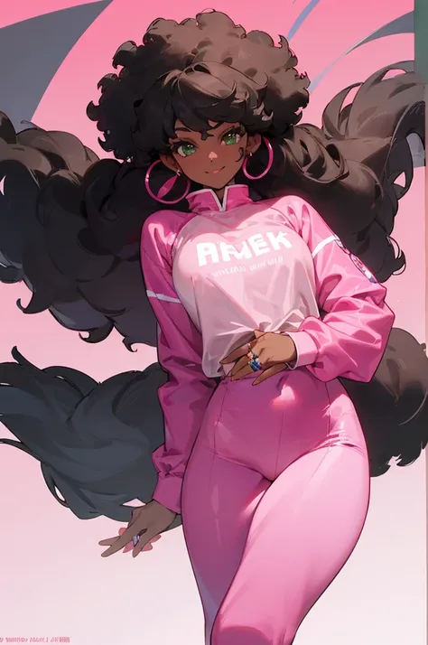 1 girl, dark skinned woman, alone, big black afro hair, Seamless fully dressed in pink nylon clothing and pink leggings。 , pink long sleeve tight fit shirt, No logo, long afro hair, green eyes, large ring earrings, smile, jewelry, looking at the viewer, ea...