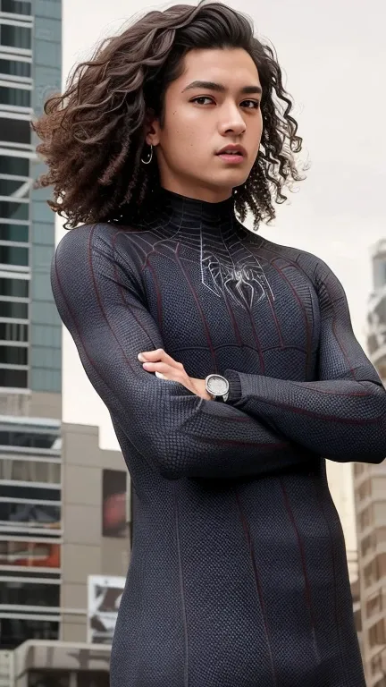 Spider suit, spider webs print, spider webs, spiderman, masterpiece, absurd, small details, HDR, ((highly detailed face and eyes)), realistic,, Focus on the eyes,, standing on the roof of a skyscrapper, ((no mask)), looking at the viewer, smile, black hair...