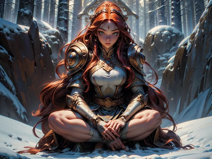 fantasy art, realistic, d&d art, Larry Elmore Style, a picture of a female monk sitting cross-legged and meditating in the snow covered forest, There is a human female monk wearing monk&#39;s clothes., Blue fire meditating near the bonfire (best details, m...