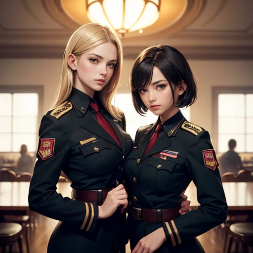 masterpiece, best quality, ultra detailed, beautiful face, beautiful skin, photorealistic, (professional lighting:1.4), breast press each other, (2 girls:1.5), bronzer, light smile, (((on the left is small breasts girl with (very:1.7) short black hair))), ...